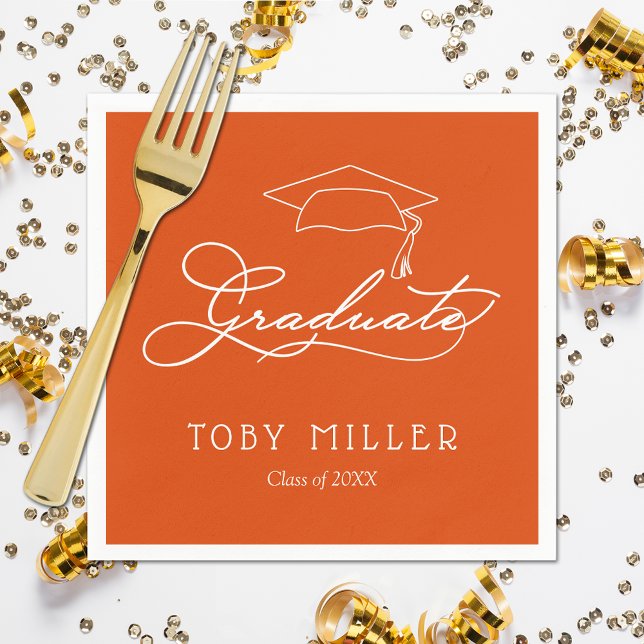 Elegant Graduate Script on Orange Graduation Napkins (White script grad cap on orange personalized graduation party napkins, paper plates in our store)