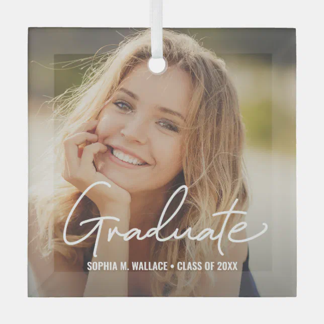 Elegant Graduate Script Personalized Photo Glass Ornament | Zazzle