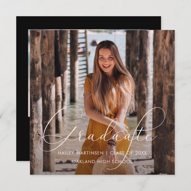 Elegant Graduate Script Photo Black Note Card (Front/Back)