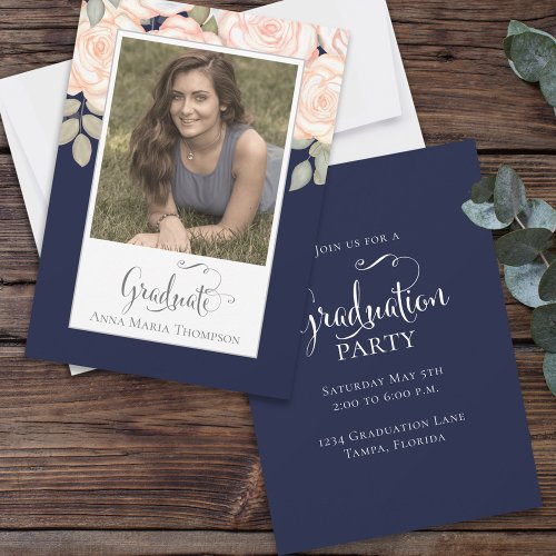 Elegant Graduate Simple Modern Photo Floral Invitation