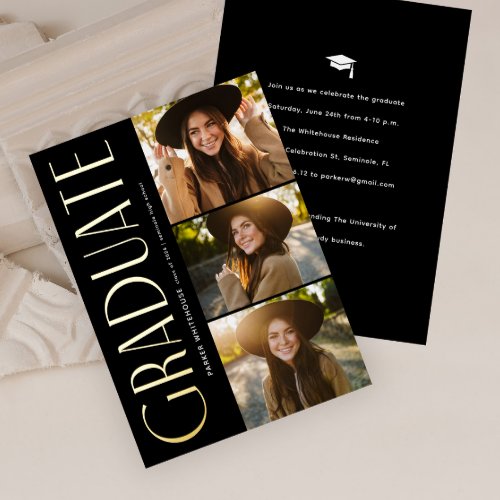 Elegant Graduate Typography 3 Photo Graduation Foil Invitation