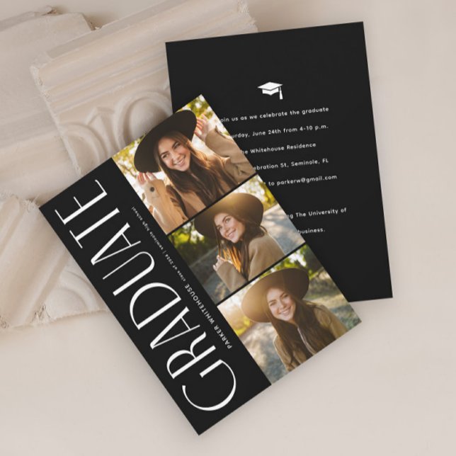 Elegant Graduate Typography 3 Photo Graduation Invitation (Elegant Typography Graduate Black and White 3 Photo Graduation Invitation.)