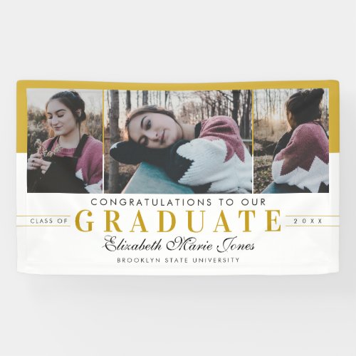 Elegant Graduate White Gold Graduation 3 Photo Banner