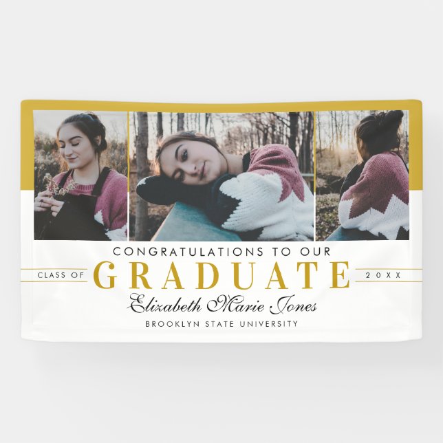 Elegant Graduate White Gold Graduation 3 Photo Banner (Horizontal)