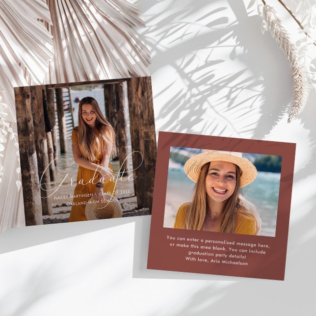 Elegant Graduate White Script Photo Red Note Card (Creator Uploaded)