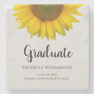Elegant Graduate Yellow Sunflower Graduation Gray Stone Coaster