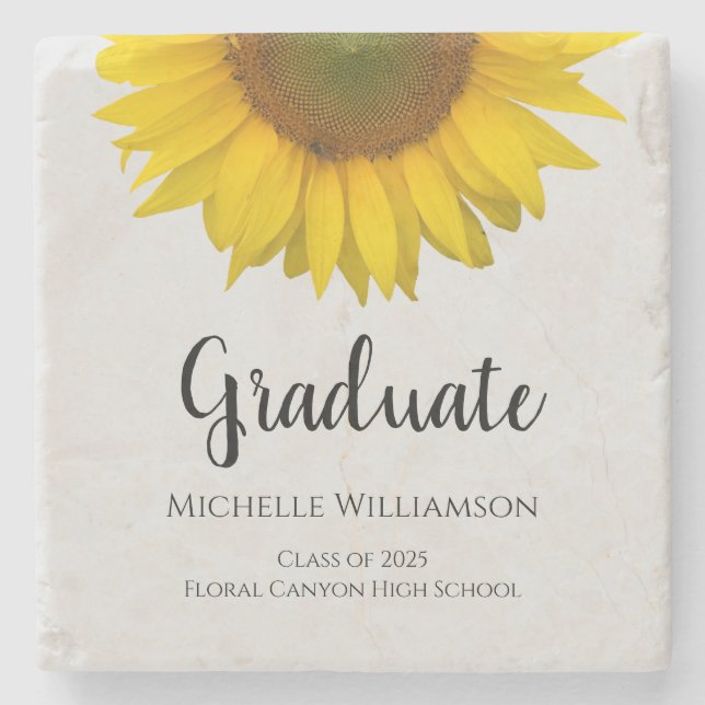 Elegant Graduate Yellow Sunflower Graduation Gray Stone Coaster (Front)