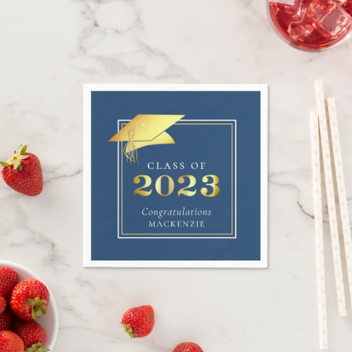 Elegant Graduation 2023 Blue Gold Metallic Script Napkins