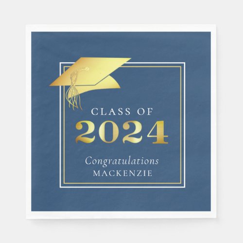 Elegant Graduation 2024 Blue Metallic Gold Napkins