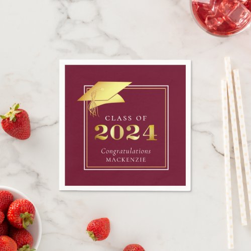 Elegant Graduation 2024 Maroon Gold Personalized Napkins