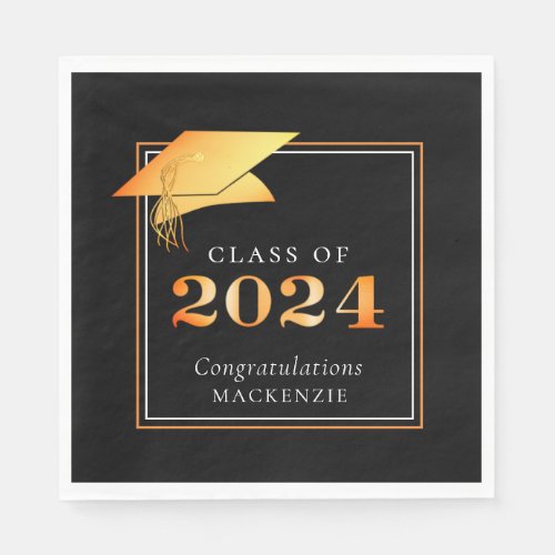 Elegant Graduation 2024 Metallic Orange Black Napkins