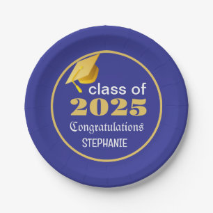 Elegant Graduation 2025 Blue Gold Personalized Paper Plates