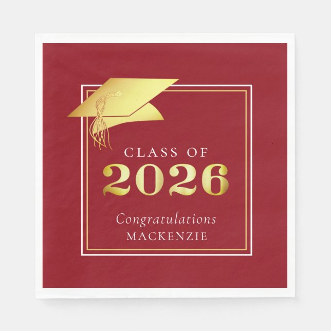 Elegant Graduation 2025 Red Gold Personalized Napkins (Front)