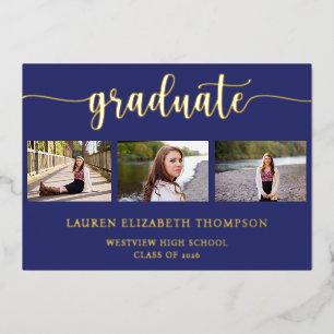 Elegant Graduation 3 Photo Blue Gold Foil Invitation