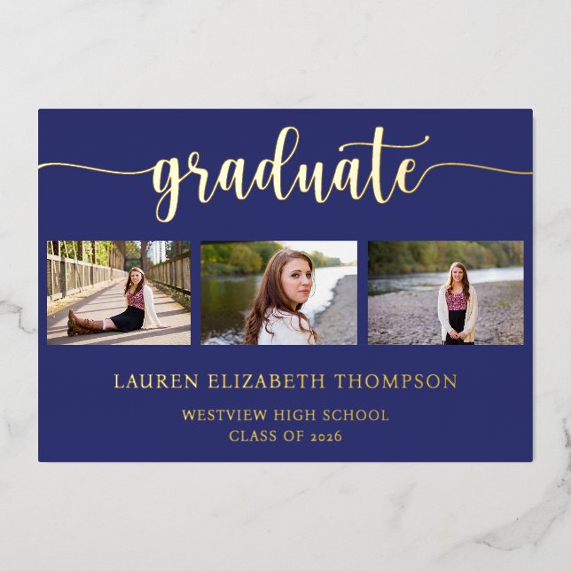 Elegant Graduation 3 Photo Blue Gold Foil Invitation (Front)