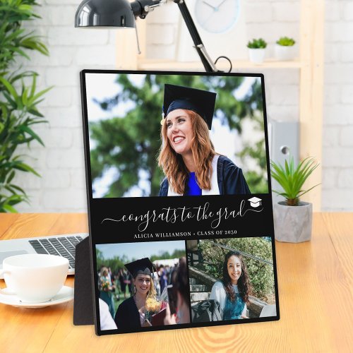 Elegant graduation 3 photo collage graduate black plaque