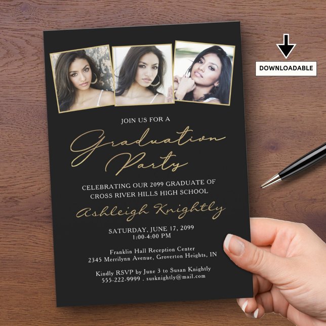 Elegant Graduation 3 Photos Black Gold Script Invitation (Creator Uploaded)