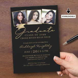 Elegant Graduation 3 Photos Script Cap Black Gold Invitation