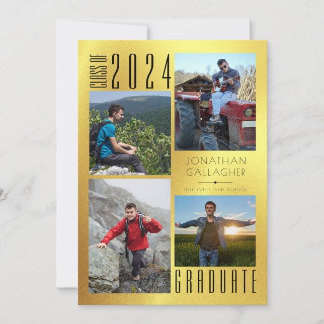 Elegant Graduation 4 Photo Faux Metallic Gold Announcement (Front)