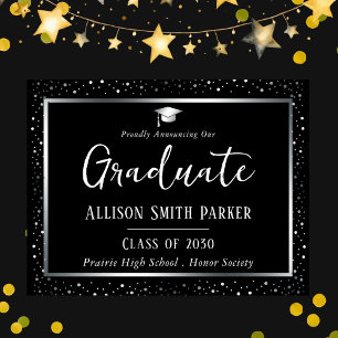 Elegant Graduation Announcement Black and Silver Postcard