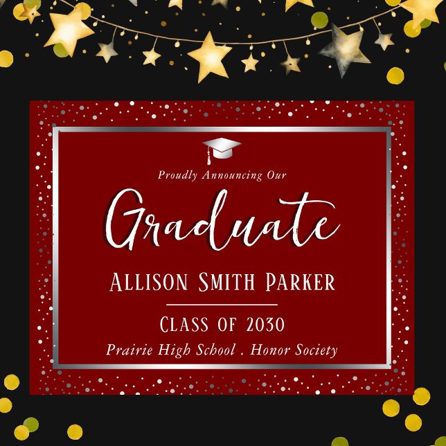 Elegant Graduation Announcement Maroon and Silver Postcard (Creator Uploaded)