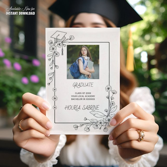 Elegant Graduation Black and white Floral Border Announcement (Creator Uploaded)