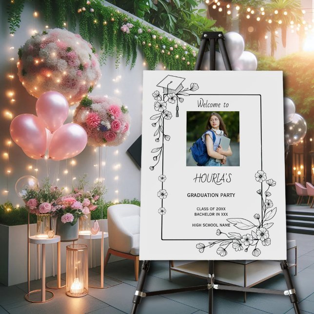 Elegant Graduation Black and white Floral Border Foam Board (Creator Uploaded)