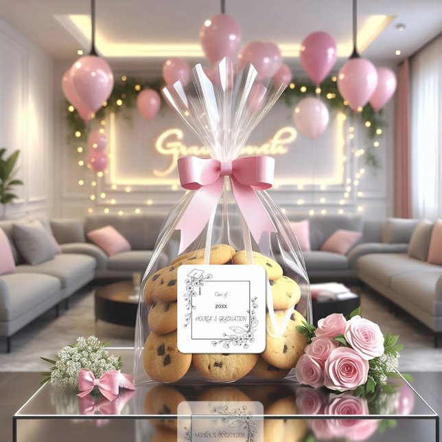 Elegant Graduation Black and white Floral Border Square Sticker (Creator Uploaded)