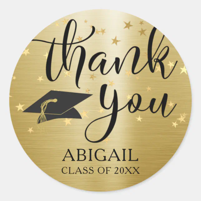 Elegant Graduation Black Gold Script Thank You Classic Round Sticker ...