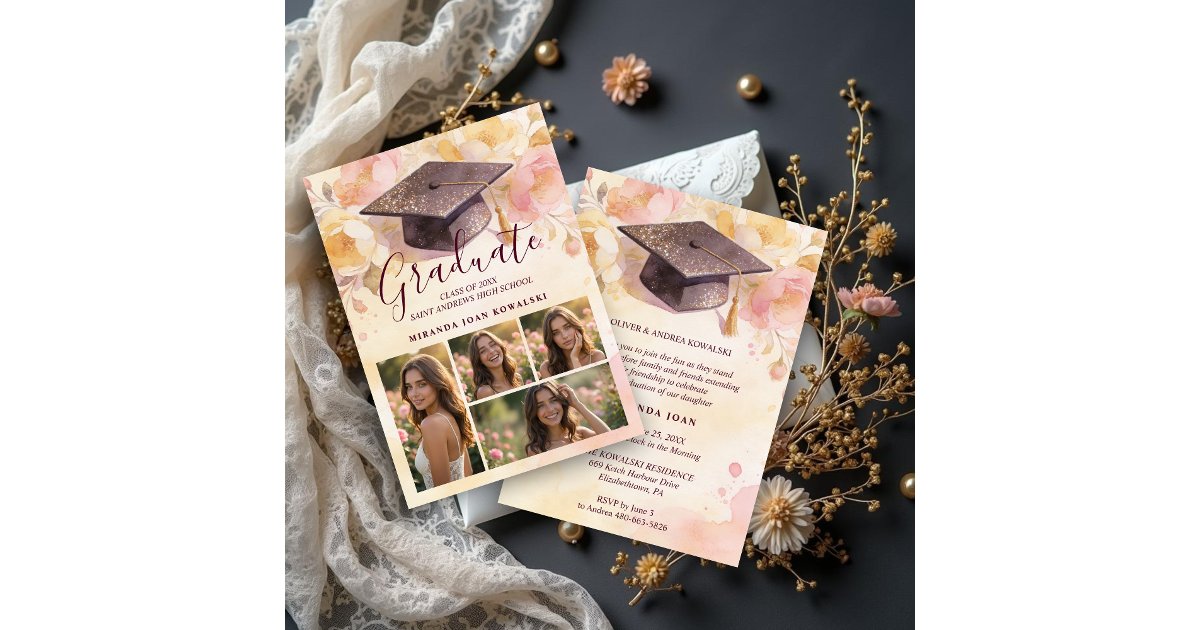 Elegant Graduation Cap 4-Photo Collage Floral Invitation | Zazzle