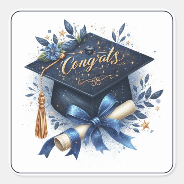 Elegant Graduation Cap and Diploma Square Sticker (Front)