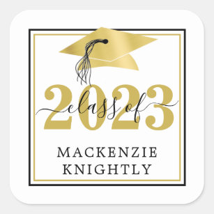 Elegant Graduation Cap Class Year Name Black Gold  Square Sticker