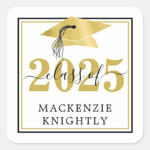 Elegant Graduation Cap Class Year Name Black Gold Square Sticker
