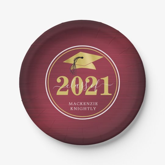 Elegant Graduation Cap Class Year Name Maroon Gold Paper Plate | Zazzle.com