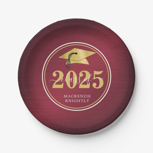 Elegant Graduation Cap Class Year Name Maroon Gold Paper Plates (Front)