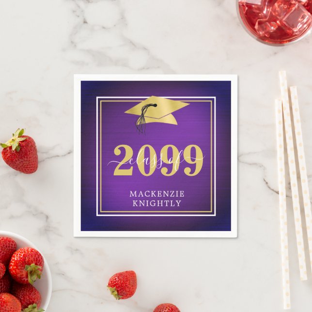 Elegant Graduation Cap Class Year Name Purple Gold Napkins (Insitu)