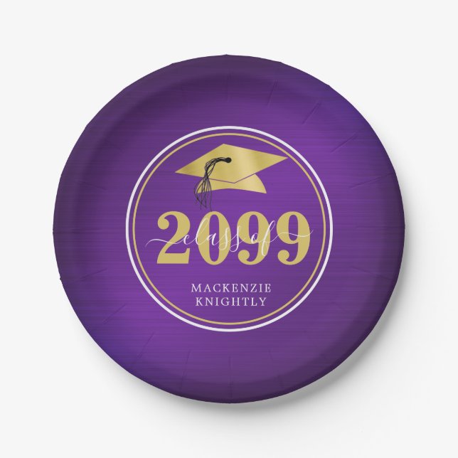 Elegant Graduation Cap Class Year Name Purple Gold Paper Plates (Front)