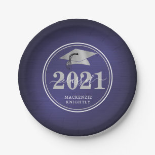 Elegant Graduation Cap Class Year Navy Blue Silver Paper Plates