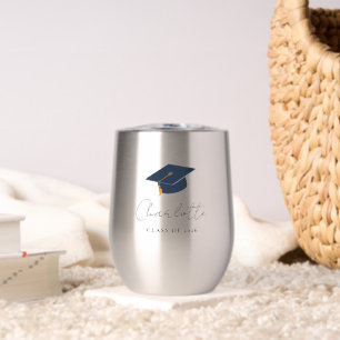 Elegant Graduation Cap & Custom Name Thermal Wine Tumbler