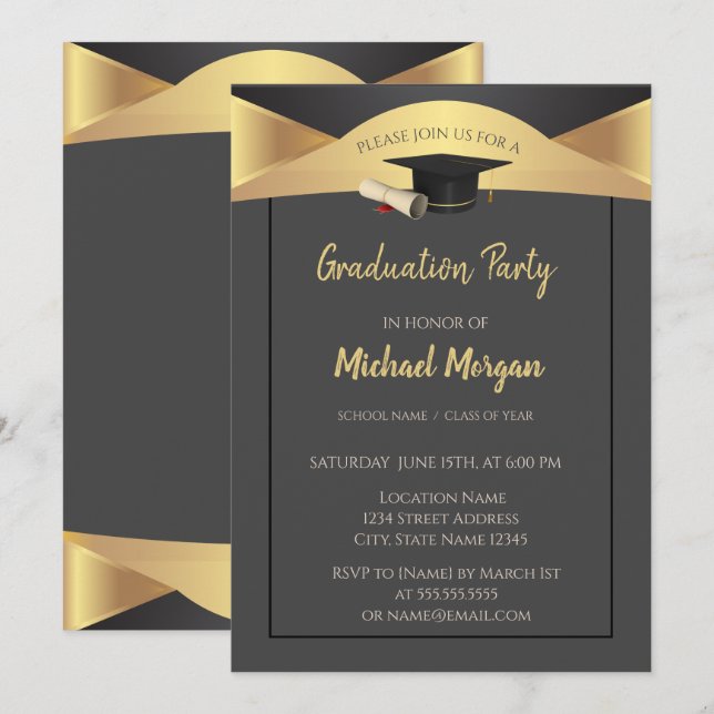 Elegant Graduation Cap, Gold Graduation Invitation (Front/Back)
