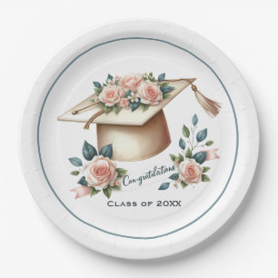 Elegant Graduation Cap & Roses Artwork Paper Plates