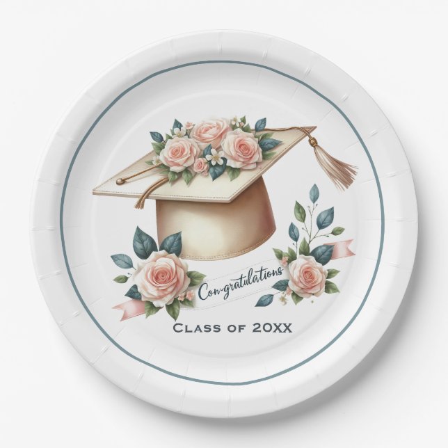  Elegant Graduation Cap & Roses Artwork Paper Plates (Front)