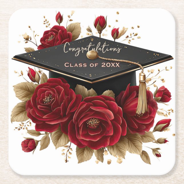 Elegant Graduation Celebration • Gold Script  Square Paper Coaster (Front)