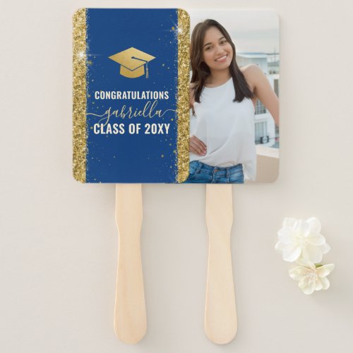 Elegant Graduation Custom Photo Blue Gold Hand Fan