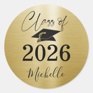 Elegant Graduation Faux Brushed Metallic Print  Classic Round Sticker