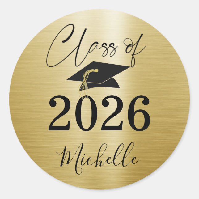 Elegant Graduation Faux Brushed Metallic Print  Classic Round Sticker (Front)