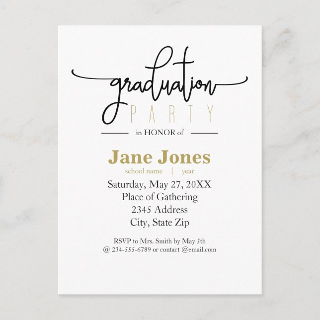 Elegant Graduation Faux Gold Foil Party Invitation Postcard (Front)