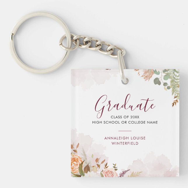 Elegant Graduation Floral Bloom Grad Party Custom Keychain (Front)