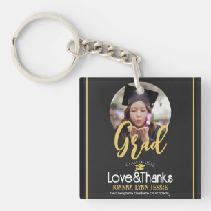 Elegant Graduation gold Cap Thanks Script Photo Keychain