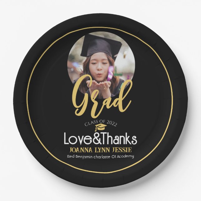 Elegant Graduation gold Cap Thanks Script Photo Paper Plates (Front)